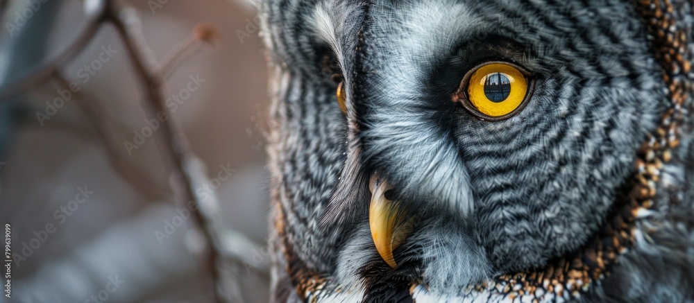 Poster a detailed view of a bird displaying striking golden eyes, capturing its intense gaze and unique fea