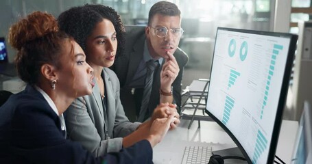 Business people, computer screen and statistics review with teamwork for financial growth, investment or charts. Women, man and discussion for data analytics or market research, revenue or graphs - Powered by Adobe