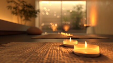 Obraz na płótnie Canvas A peaceful meditation room with an LED candle array creating a tranquil ambiance. 2d flat cartoon.