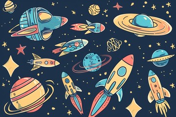 Cartoon cute doodles of a fleet of spaceships embarking on a mission to explore a distant galaxy, Generative AI
