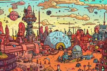 Cartoon cute doodles of a futuristic city on Mars, with domed structures and bustling streets filled with humans and aliens, Generative AI