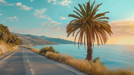 Single Palm Tree beside road and Sea,  Summer days in beach