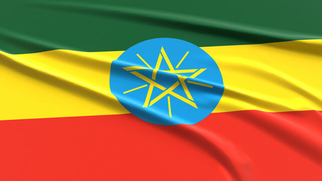 Ethiopia Flag. Fabric textured Ethiopian Flag. 3D Render Illustration.