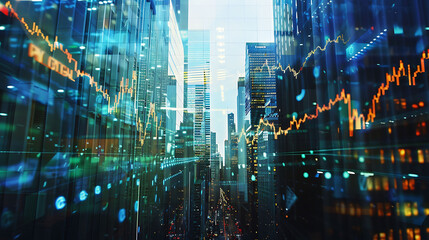 Fototapeta premium financial market graph with office building overlay background. investment and economic concept