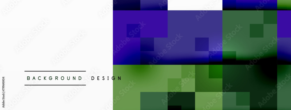 Poster the colorfulness of a blue and green background with squares stands out against a white background. 