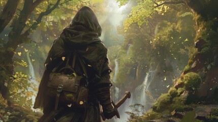 Amidst a lush forest a hooded figure roams with a leather satchel sped to their belt. This traveling healer has a vast collection . . - obrazy, fototapety, plakaty