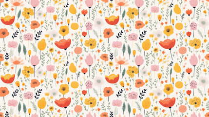 A seamless pattern of colorful flowers and leaves on a light pink background.