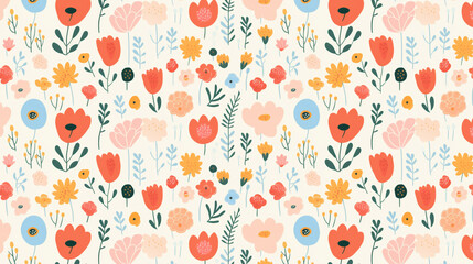 A seamless pattern of colorful flowers and leaves on a light pink background.