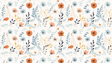 A cute floral pattern with orange, blue and yellow flowers and green leaves on a white background.