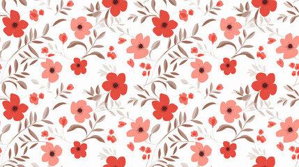 A cute floral pattern with red, pink, and orange flowers and green leaves on a white background.