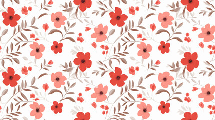 A cute floral pattern with red, pink, and orange flowers and green leaves on a white background.