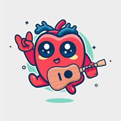 funny human heart organ character mascot playing guitar isolated cartoon