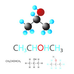 Isopropyl alcohol, CH3CHOHCH3, isopropanol, molecule model and chemical formula. 2-propanol, a common ingredient in chemicals such as antiseptics, disinfectants, and detergents. Illustration. Vector. 