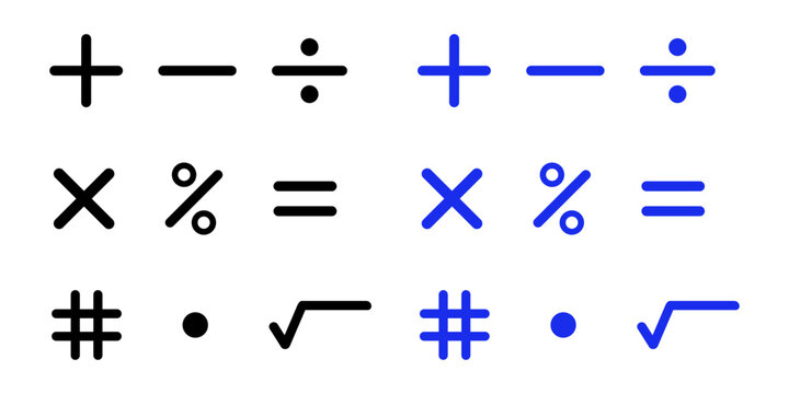 Calculator symbols isolated on white background &ndash; Addition, subtraction, division, multiplication, percentage, equal to, number symbol, decimal point, and square root