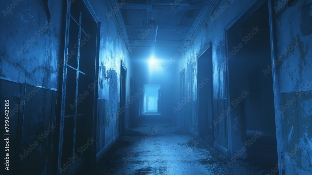 Poster a dark hallway is illuminated by a light shining at the far end, creating a contrast between shadow 