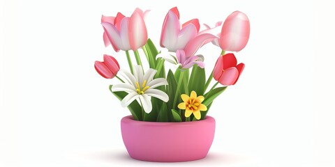 Flowers in a planter, tulip, lily, 3D, childish style, on a white background, aspect ratio 2:1