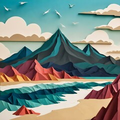 Fototapeta na wymiar Layered Paper Cut Style Mountain and Ocean Panorama: Digital Art Background for Creative Projects