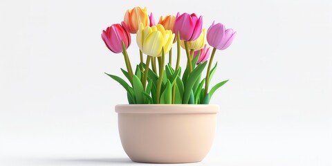 Flowers in a planter, tulip, lily, 3D, childish style, on a white background, aspect ratio 2:1