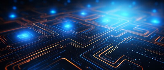 Obraz premium Abstract digital technology background with neon lights and futuristic circuit patterns,
