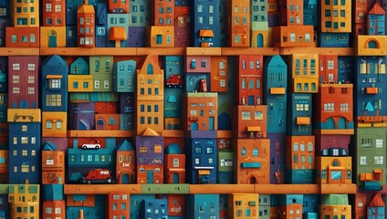 A vibrant array of cartoon blocks reminiscent of a cheerful cityscape, with buildings, cars, and friendly faces ai_generated