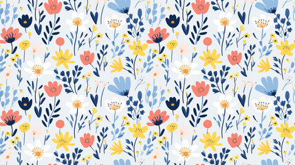 A seamless pattern of colorful flowers and leaves on a white background.