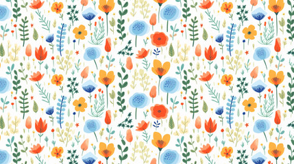 A seamless pattern of colorful flowers and leaves on a white background