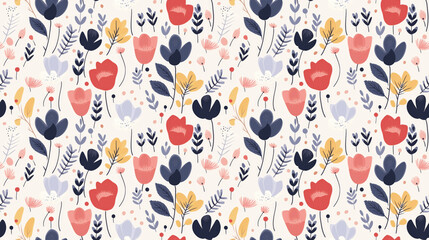 A seamless pattern of colorful flowers and leaves on a white background.
