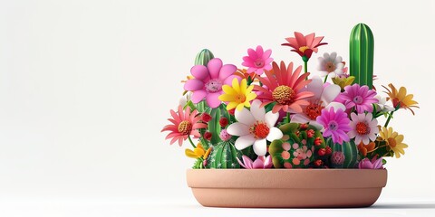 Flowers in a planter, cactus, 3D, childish style, on a white background aspect ratio 2:1