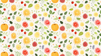 A seamless pattern of hand-drawn citrus fruits, strawberries, and leaves.