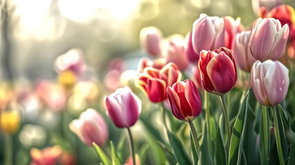 A vibrant field of blooming tulips, bathed in warm sunlight with soft-focus background, heralding spring's arrival.
