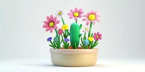Flowers in a planter, cactus, 3D, childish style, on a white background aspect ratio 2:1