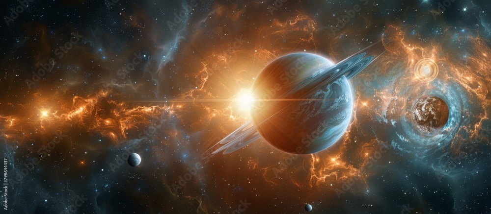 Poster various planets and their orbiting moons are seen against the backdrop of the vast outer space