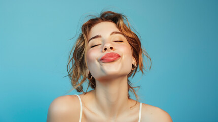 Young woman puckering lips, blue background, portrait.
