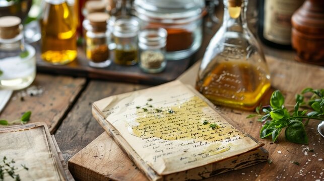 A photo of a handwritten recipe card for a homemade salad dressing alongside a cookbook filled with similar recipes for creating homemade condiments and sauces..