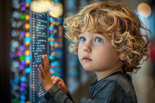 Child learning to code on a computer. Little boy in front of computer monitor. A little boy's journey into the world of technology, guided by code.