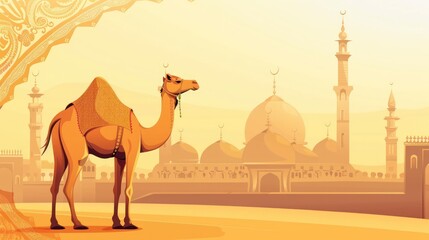 Illustration of a sacrificial camel for the Islamic Eid al-Adha holiday with a mosque and Islamic ornaments in the background.