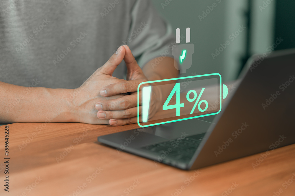 Aufkleber Laptop out of battery. Concept of Technology and daily life. User is angry and frustrated when he learns that his laptop computer's battery is dead and did not bring the charger adapter.