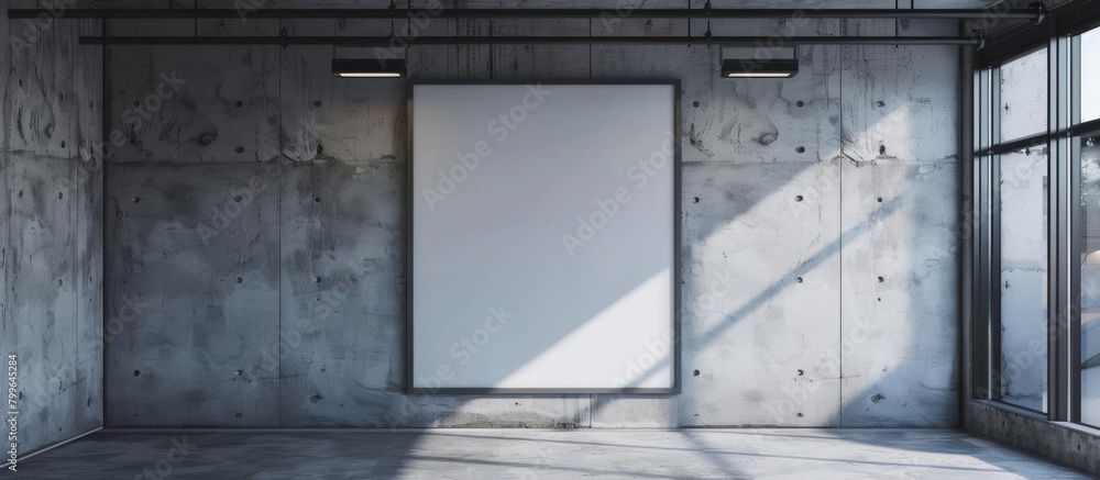 Poster a white poster with no content is seen up close in a room with concrete walls, presenting a simple a