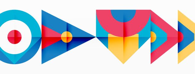 A design featuring a row of colorful arrows in shapes like triangles and circles, with tints and shades of electric blue. Symmetrical patterns resembling flags create an artistic display