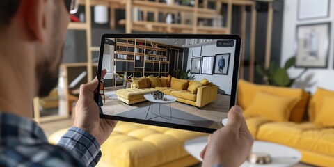 Man using AR software on digital tablet to select 3D furniture for living room decor.