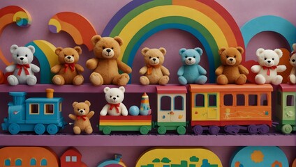 A whimsical collection of colorful cartoon toys where teddy bears ride on rainbow trains and dolls dance with joy Generative AI