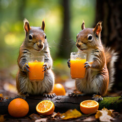 오렌지주스를 마시는 숲속의 다람쥐