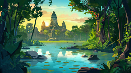Cartoon tropical jungle forest swamp or lake landscape of Angkor Wat, Illustration.