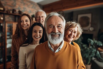 Portrait of a senior man with his family at home. They are smiling and looking at camera.