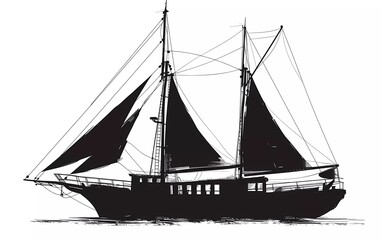 Silhouette of a sailing ship from a side view, on an isolated white background. vector illustration. 