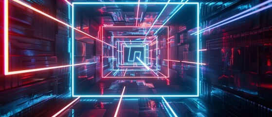 Futuristic neon portal, square light frame tunnel, cyber space gate perspective 3d render. Virtual reality, glow led lines with hypnotic spinning effect on abstract black background. 3D illustration