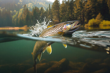 animal by ai // a male brown trout jumping out of the lake, underwater view, forest background, golden hour, photorealistic // ai-generated 