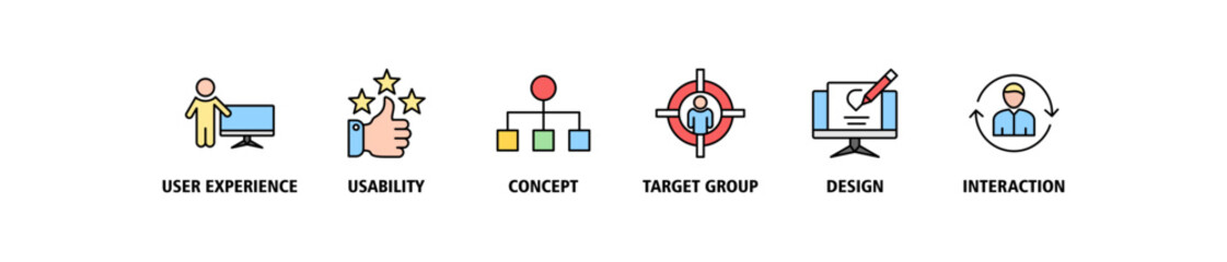 User interface design banner web icon set vector illustration concept with icon of user experience, usability, concept, target group, design and interaction
