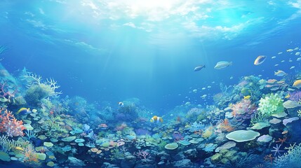 Naklejka na ściany i meble Underwater landscape with many small coral and underwater plant ,Generative ai,
