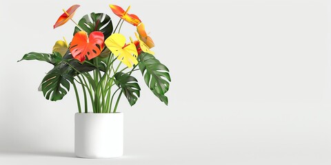 
Flowers in a planter, 3D, monstera, childish style, on a white background,